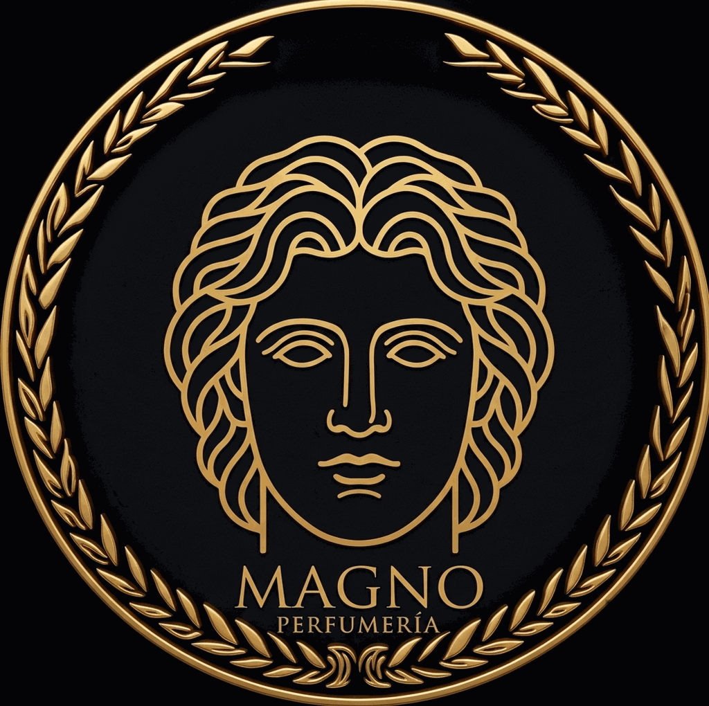 Emblema Magno Perfumería — laurel dorado y rostro clásico